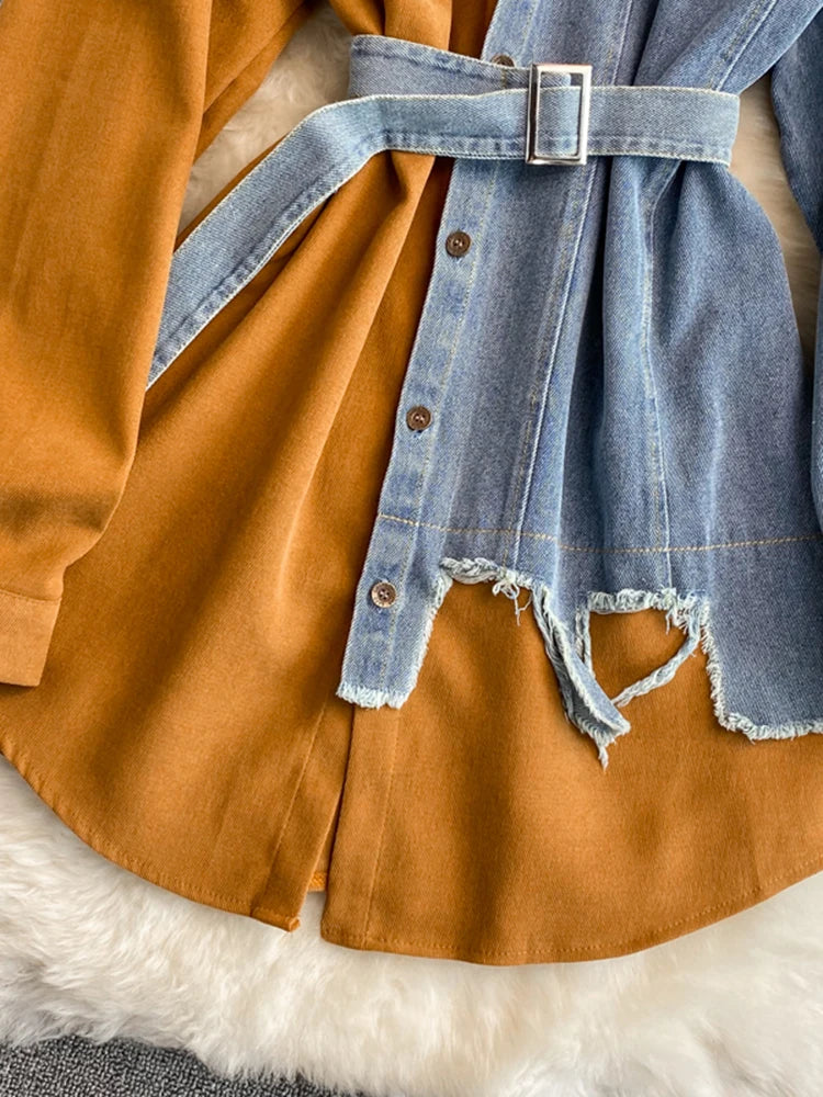 Sovracamicia ibrida in denim e cotone a contrasto