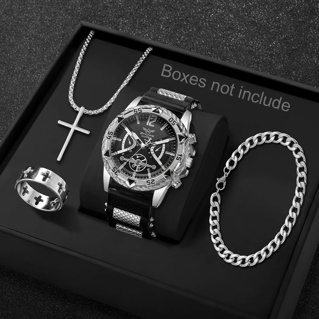 Men's 4-Piece Arabic Dial Quartz Watch & Jewelry Set