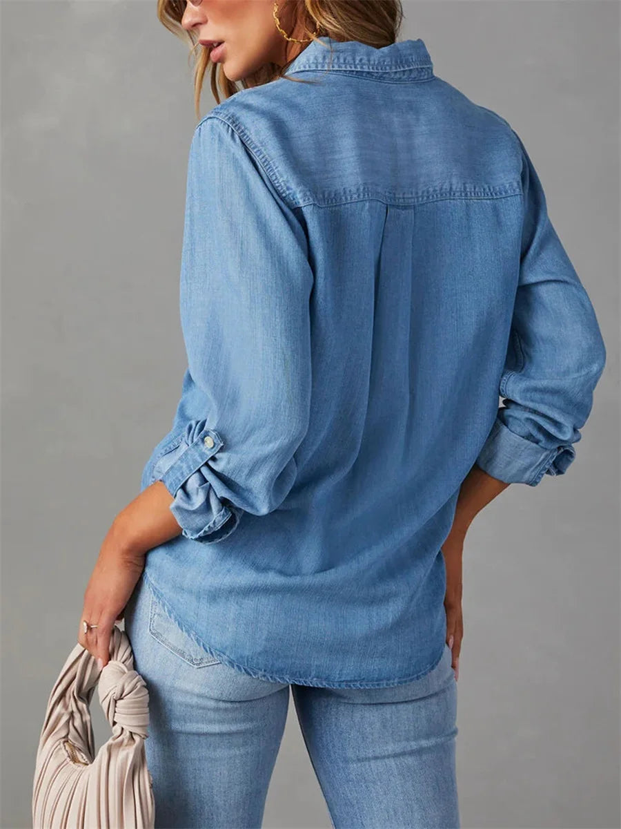 Women's Slim-Fit Solid Color Denim Button-Down Shirt