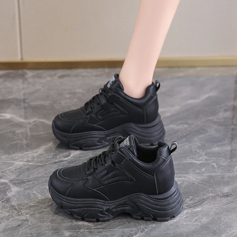 Women's Platform Lace-Up Sneakers – White & Black