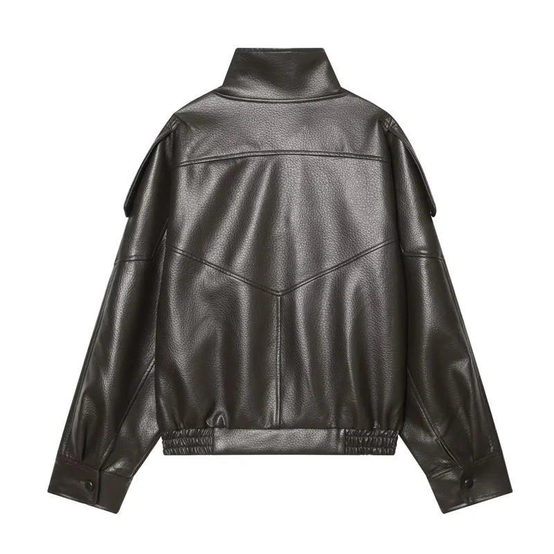 Women's Oversized Vegan Leather Stand-Collar Jacket