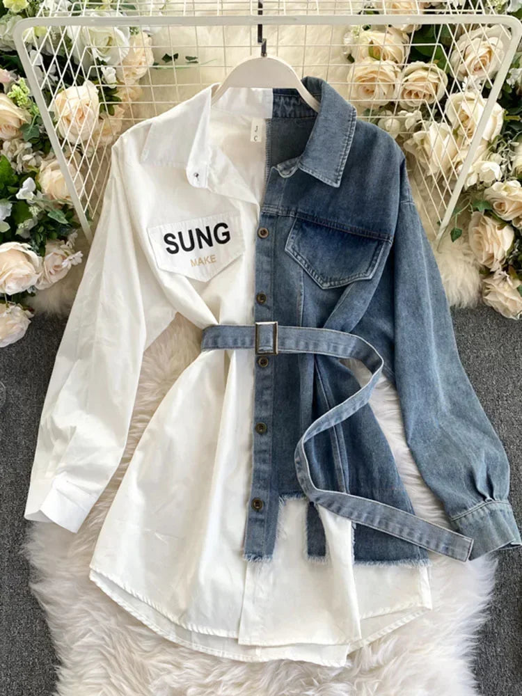 Sovracamicia ibrida in denim e cotone a contrasto