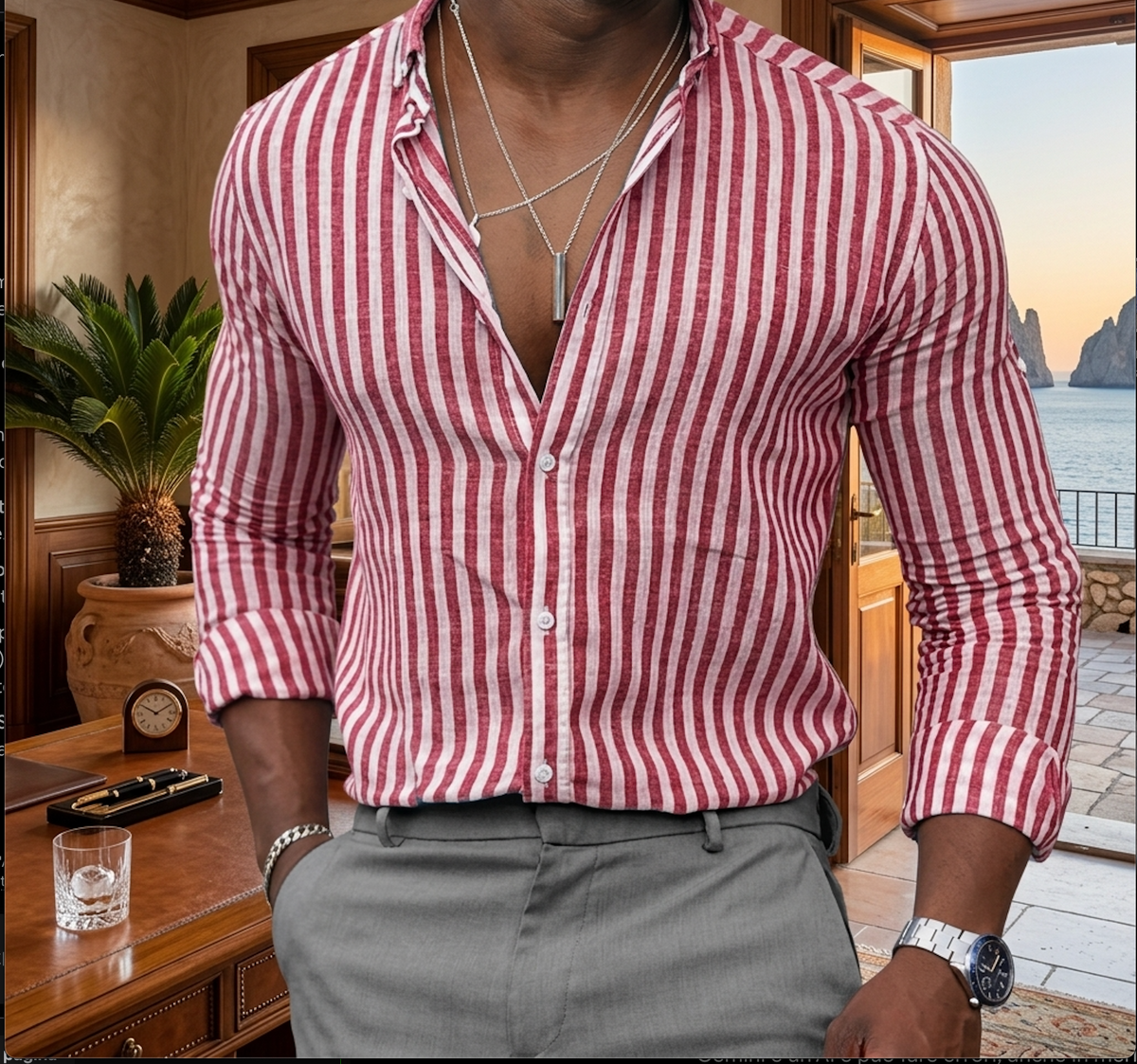 Men's Vertical Striped Long Sleeve Button-Down Dress Shirt