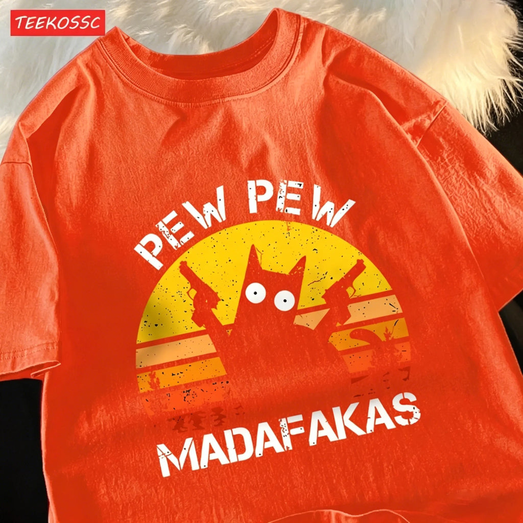 T-shirt con grafica Gatto Retrò "Pew Pew Madafakas"