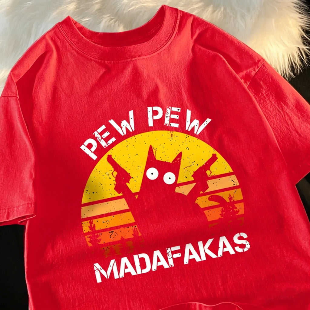 T-shirt con grafica Gatto Retrò "Pew Pew Madafakas"