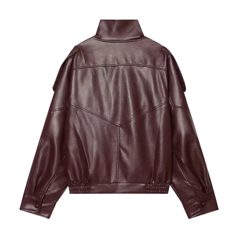 Women's Oversized Vegan Leather Stand-Collar Jacket