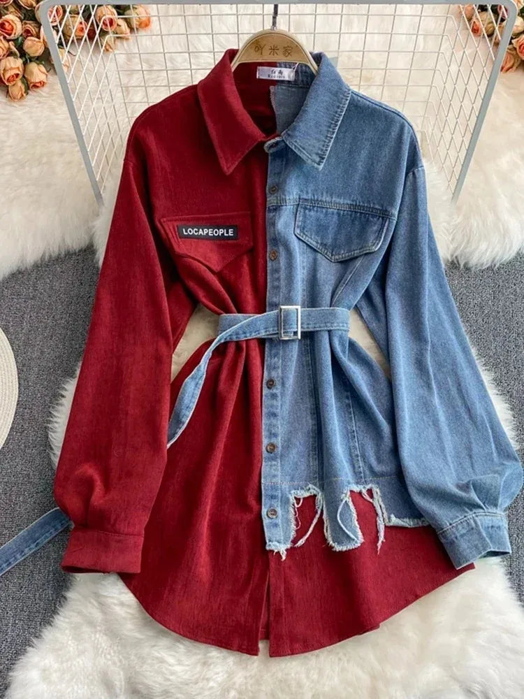 Sovracamicia ibrida in denim e cotone a contrasto