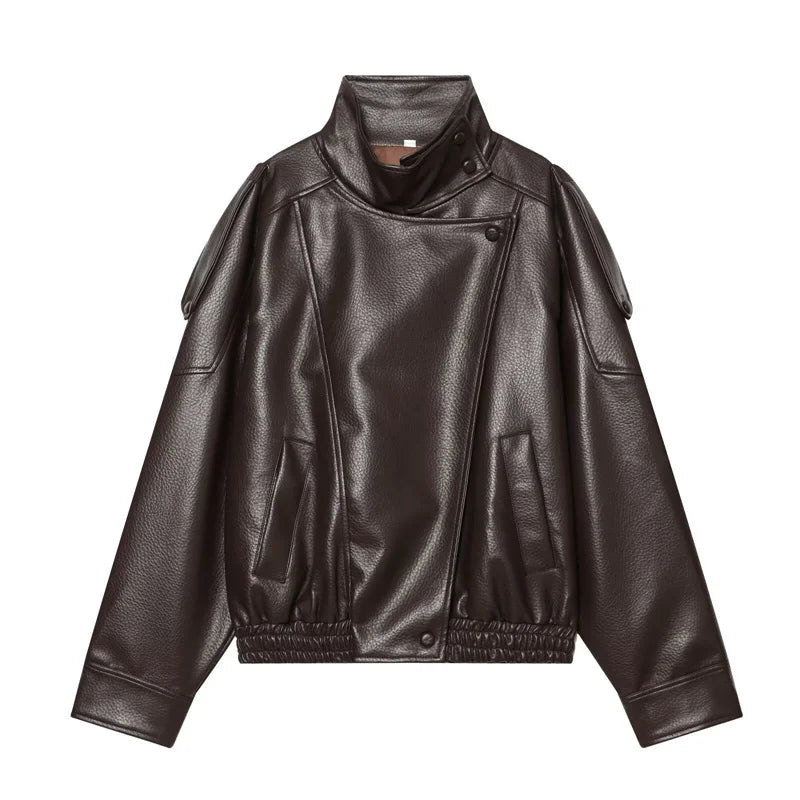 Women's Oversized Vegan Leather Stand-Collar Jacket