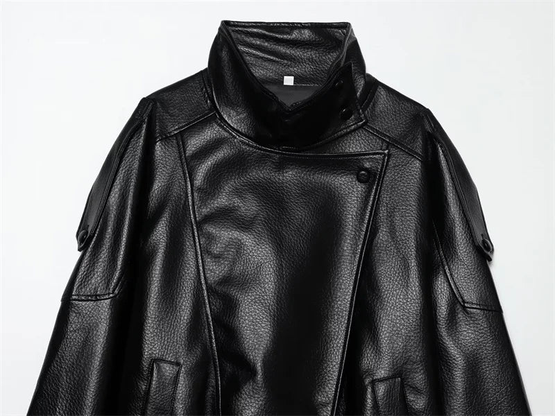 Women's Oversized Vegan Leather Stand-Collar Jacket