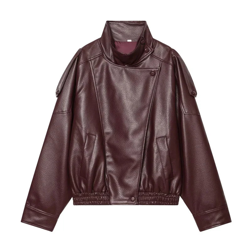 Women's Oversized Vegan Leather Stand-Collar Jacket