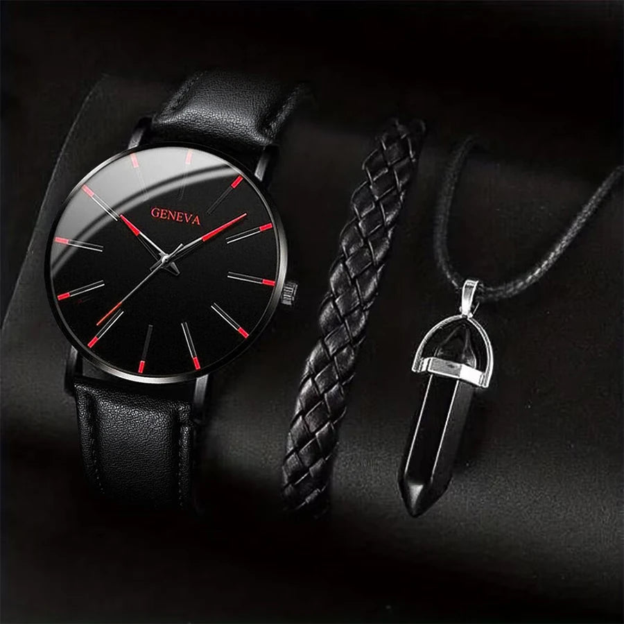 Men's Quartz Watch Gift Set with Bracelet & Necklace