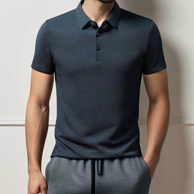 Polo a maniche corte da uomo in maglia lavorata – Top in maglia estivo casual traspirante con colletto a contrasto