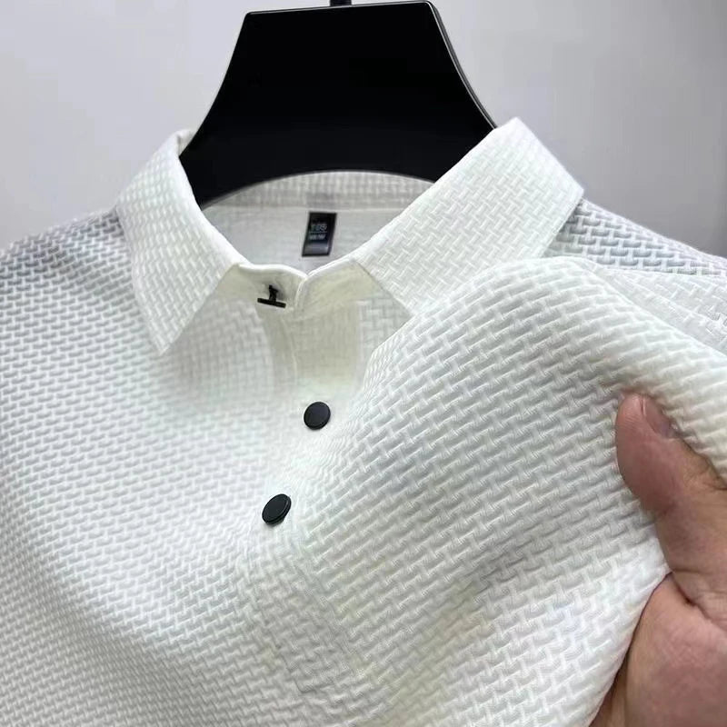 Polo a maniche corte da uomo in maglia lavorata – Top in maglia estivo casual traspirante con colletto a contrasto