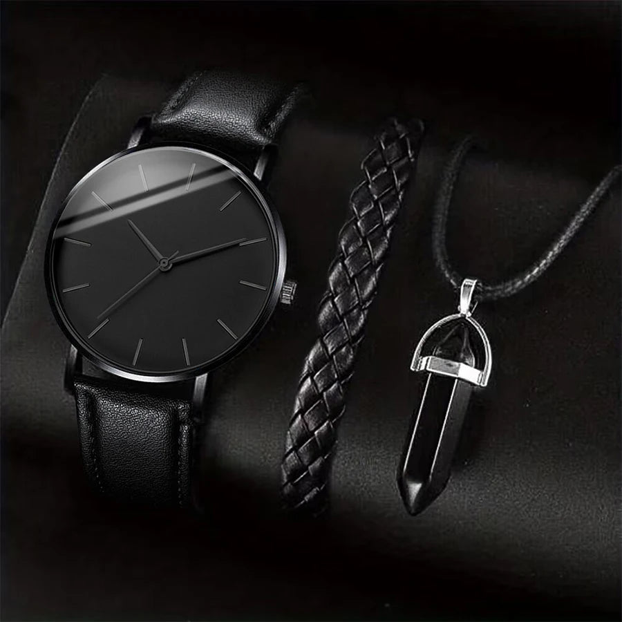 Men's Quartz Watch Gift Set with Bracelet & Necklace